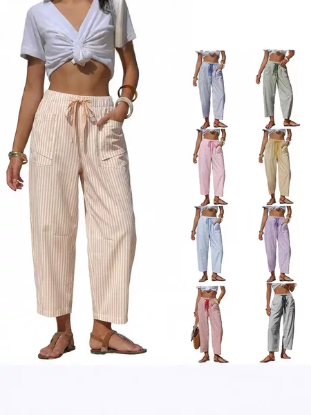2026 European and American Amazon Cross-Border Casual Striped Drawstring Design Loose Pants with Pockets for Women