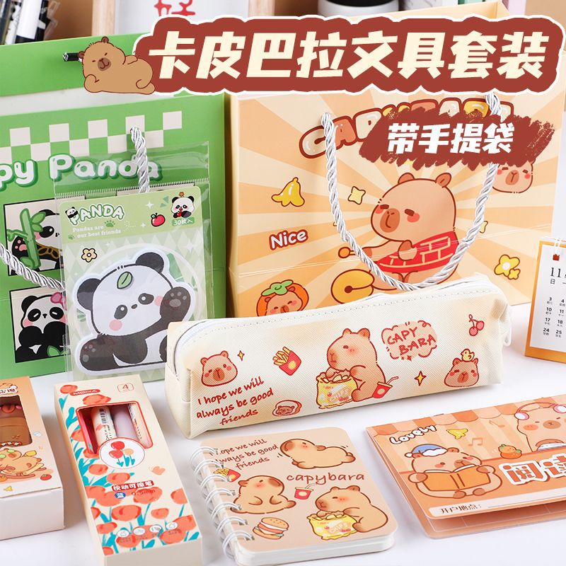 卡通空盲盒熊猫卡皮巴拉套装学生版开学大礼包卡通创意熊猫空盲盒
