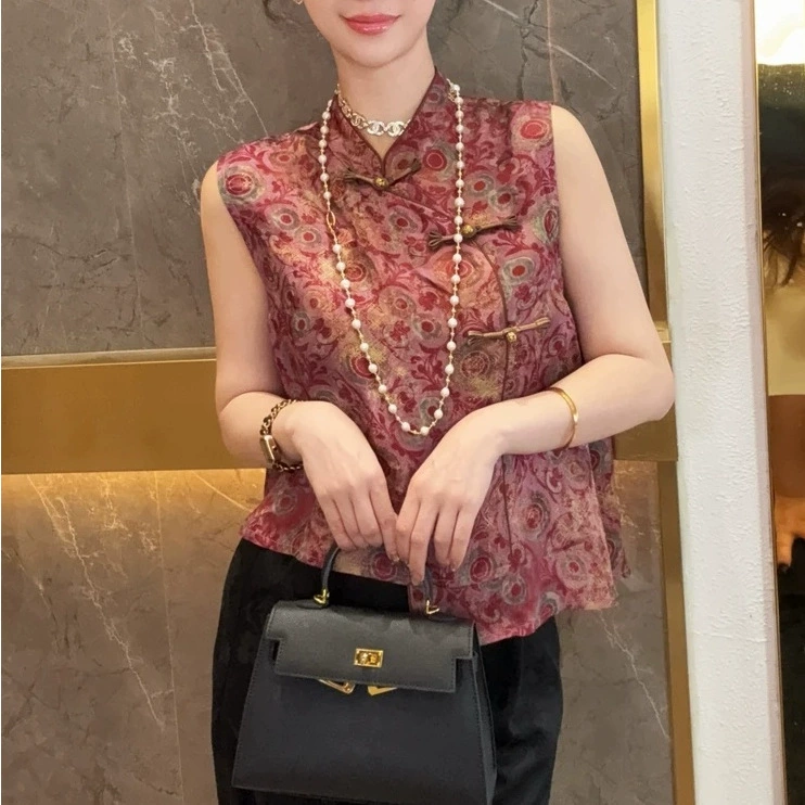 Легкий роскошный летний жилет без рукавов в китайском стиле, новинка 2025 года, элегантный универсальный топ в китайском стиле с диагональной планкой, зеленый, розовый