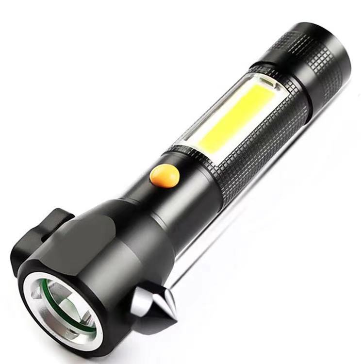 消防强光手电筒1LED多功能安全锤应急灯USB充电照明COB侧灯款