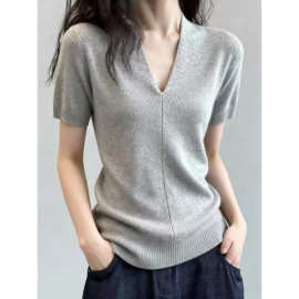浅灰色V领正肩好看针织短袖T恤女2026新款夏季大码胖mm高级感上衣