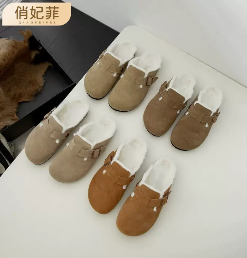 俏妃菲~毛毛博肯鞋女2023新款秋冬季一脚蹬加绒单鞋厚底半拖磨砂