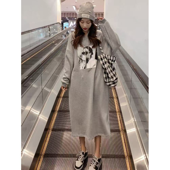 长款过膝卫衣连衣裙女2025早秋冬季韩版新款加绒黑色宽松连帽套头|undefined