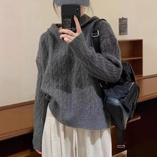 复古麻花连帽毛衣女慵懒风宽松软糯韩版套头针织衫秋冬季新款上衣