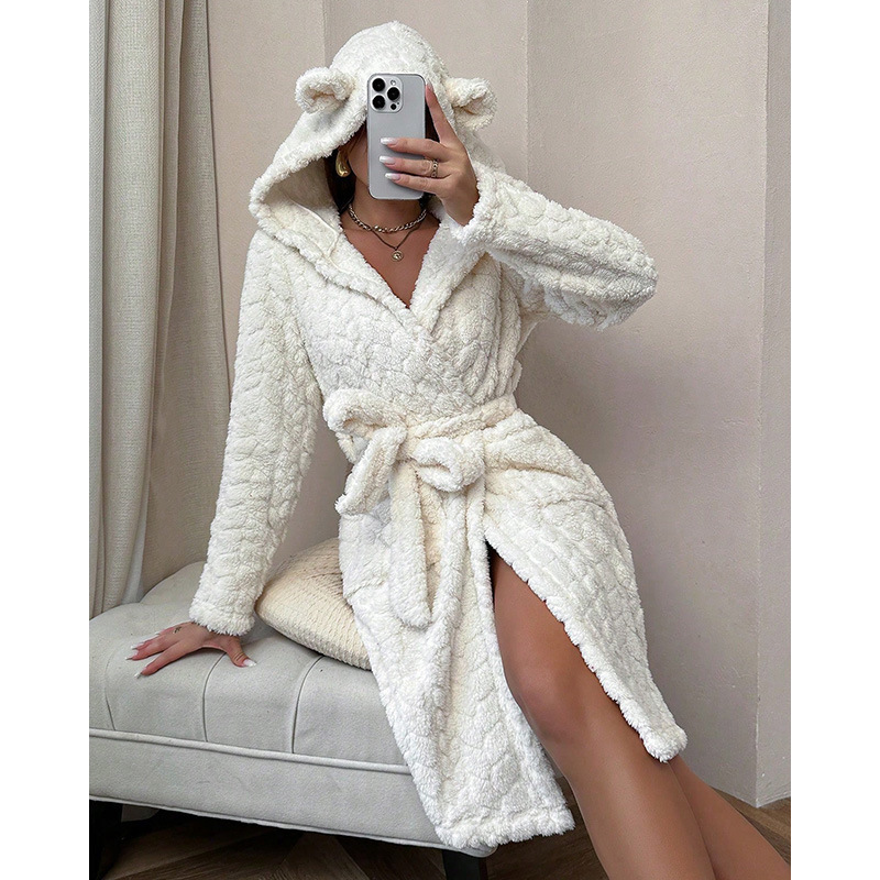 Cross-Border Coral Velvet Hooded Nightgown for Women Autumn and Winter New European and American Style High-End Furry Warm Pajamas Home Clothes