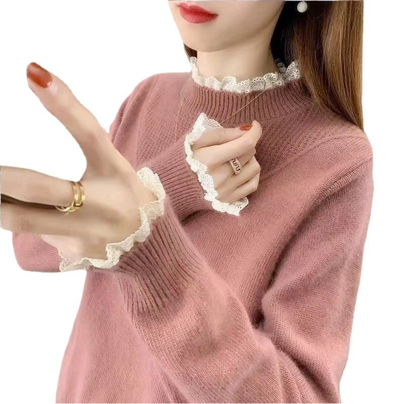 Кружевной свитер с высоким воротом, женская зимняя Новая Вязаная Базовая рубашка, однотонный теплый пуловер, свитер