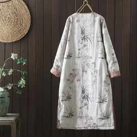 品牌专柜尾货中式国风水墨棉麻印花连衣裙女冬斜襟圆领夹棉旗袍裙