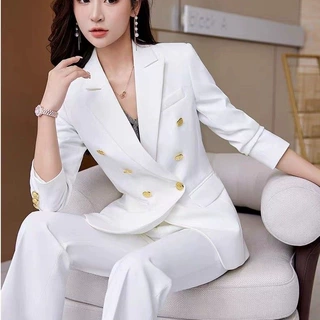 秋冬新款时尚气质双排扣白色西装套装休闲通勤修身职业长袖女神范