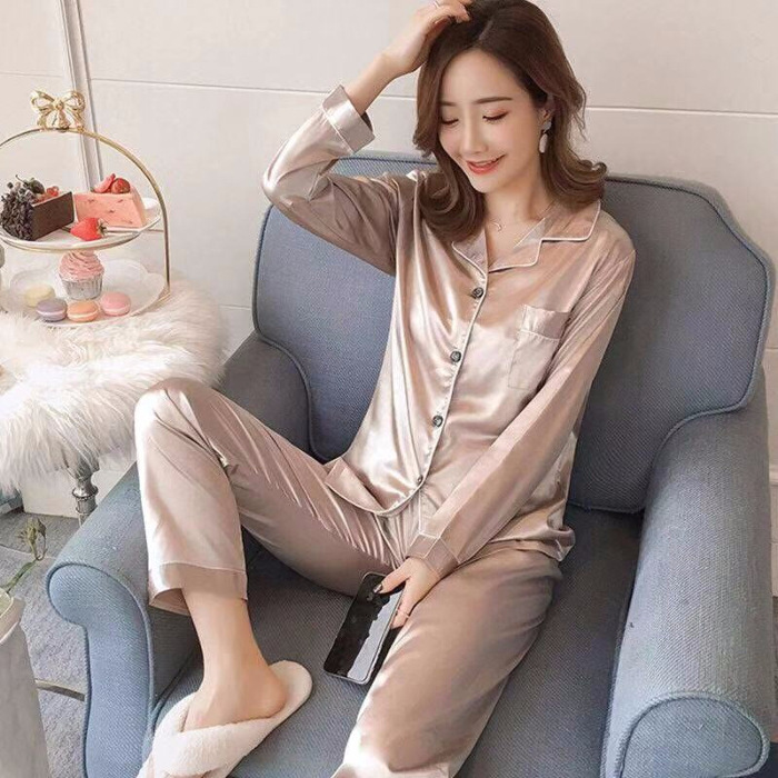 Pijama de comercio exterior de seda para mujer de verano de manga larga de color sólido estilo coreano suelto WeChat LIVE Home wear suit mujer transfronteriza
