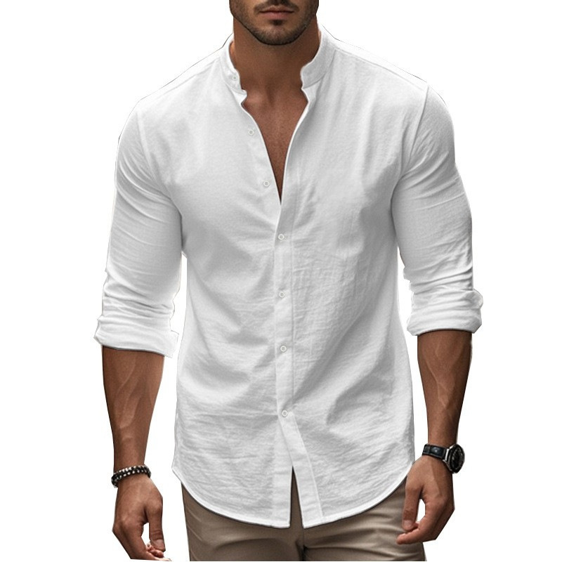 2025 Spring and Autumn Mason Cross-border Men's Long Sleeve Shirt European and American Foreign Trade Collar plus size Solid Color Casual Cotton and Linen Shirt