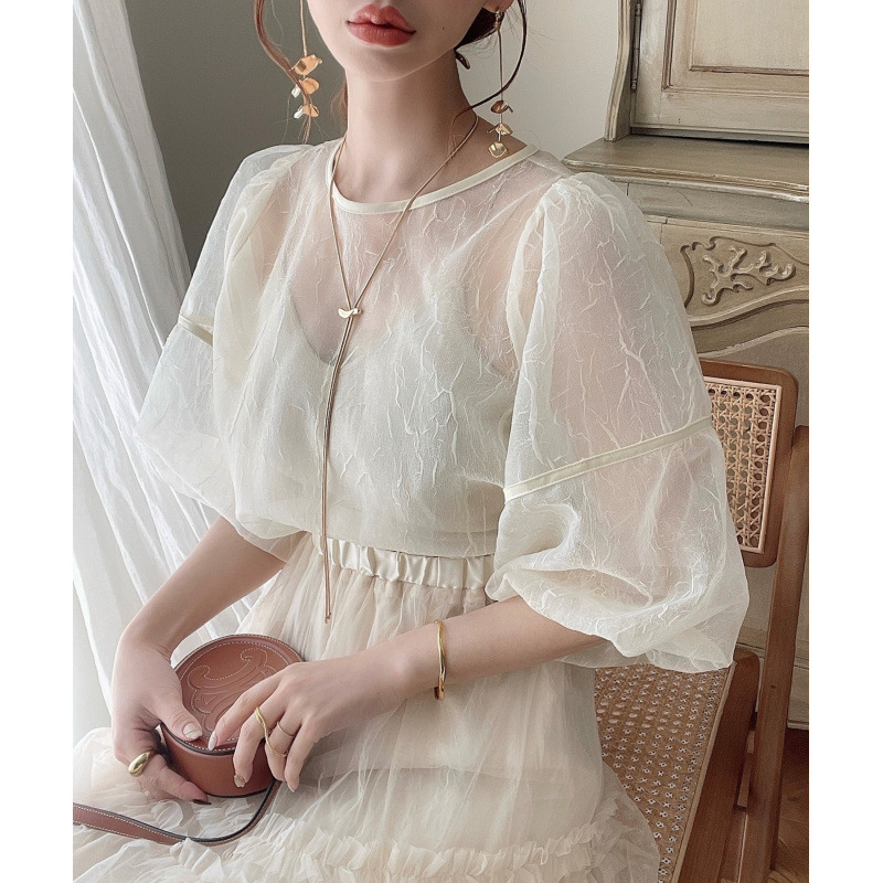 Japanese-Style Export Summer Shirt for Petite Figures, Elegant and Graceful, with Washed Transparent Ribbon, Reversible Front and Back, Cute Blouse Japanese-Style Export Summer Shirt for Petite Figures, Elegant and Graceful, with Washed Transparent Ribbon, Reversible Front and Back, Cute Blouse