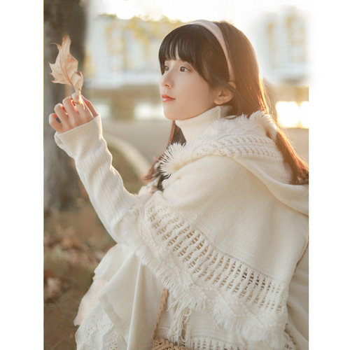 Button shawl bohemian tassel sweater knitted sweater Yunnan Qinghai travel pullover hooded cloak spring and autumn women
