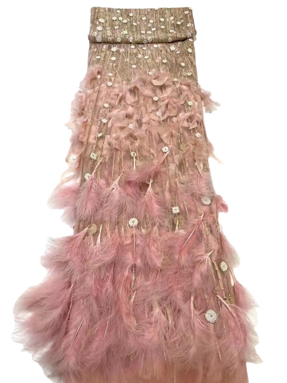 Nuevo lentejuelas pluma encaje tela modelo pasarela moda vestido de novia encaje JX2486
