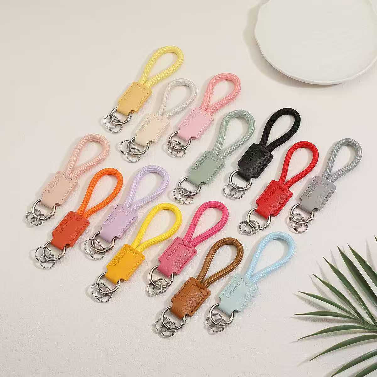 Leather Keychain with Colorful Cord, Macaron-Style Phone DIY Trendy Pendant, Woven Bag Charm