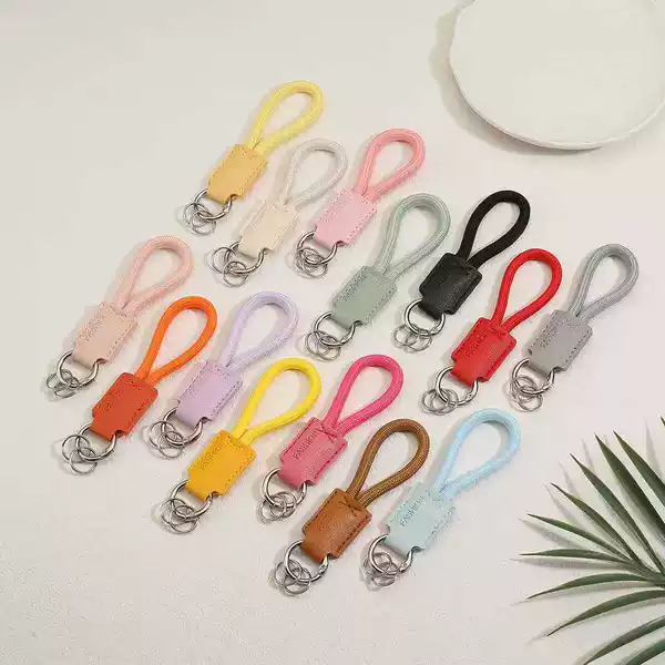 Leather Keychain with Colorful Cord, Macaron-Style Phone DIY Trendy Pendant, Woven Bag Charm