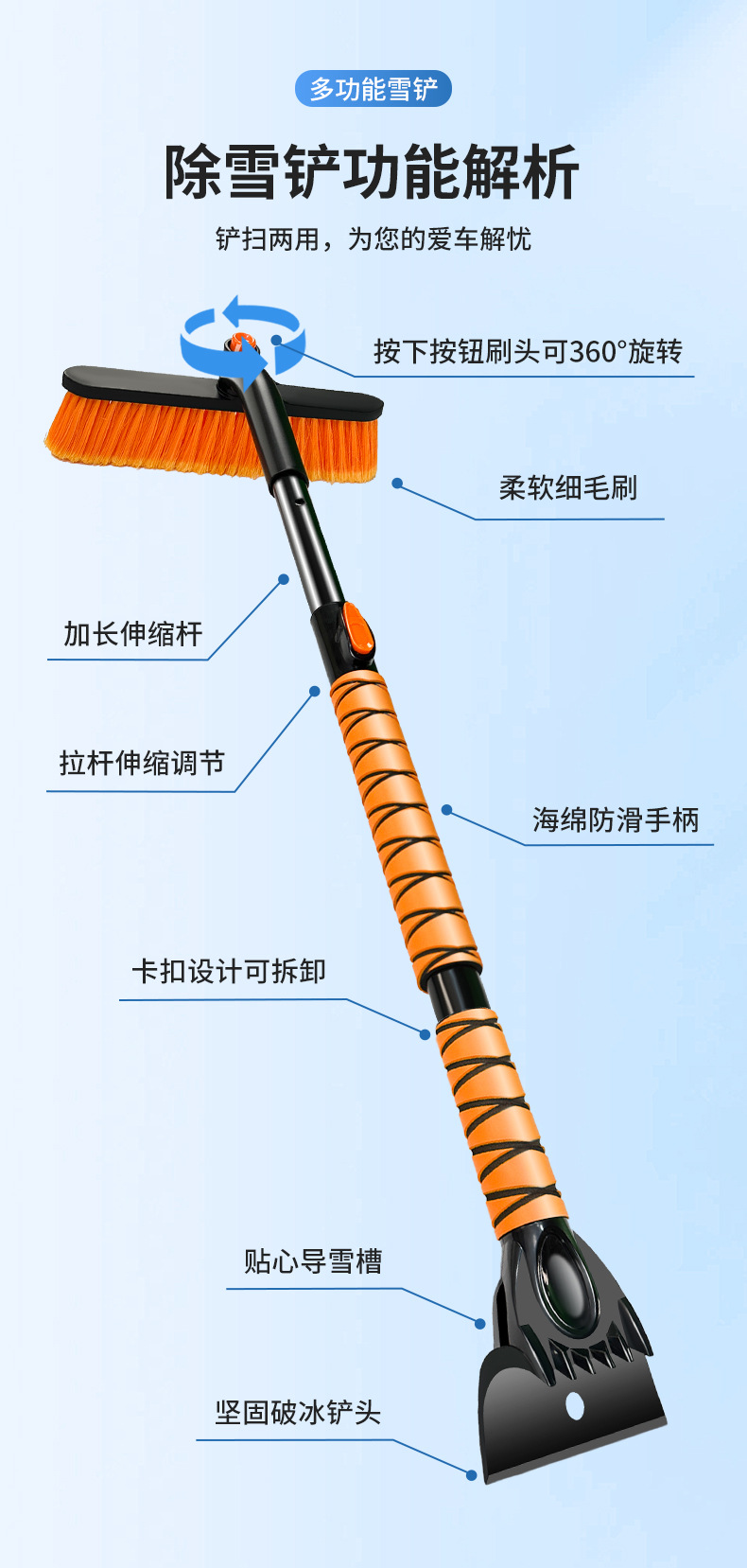 Car Snow Shovel Multifunctional Vehicle De-Icing Snow Sweeper Double-Head Aluminum Alloy Snow Brush Retractable Snow Shovel Wholesale