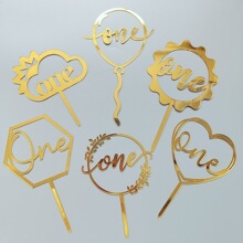 宝宝周岁生日蛋糕装饰云朵气球爱心六边形one金色亚克力蛋糕插牌