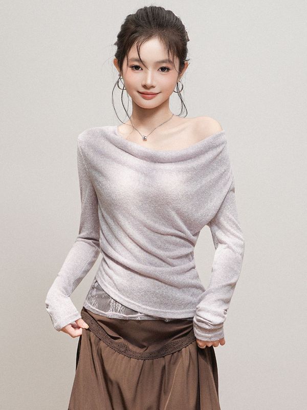 季优 紫色一字露肩蕾丝网纱拼接长袖t恤女2025早秋荡领高级感上衣|undefined