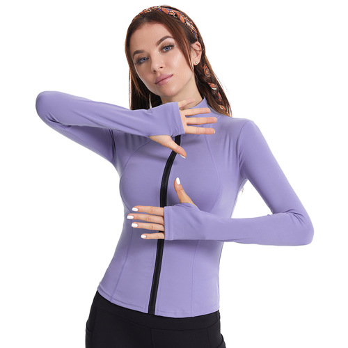 Nylon Sports Jacket Women's Winter Finger Zipper Long Sleeve Fitness Top Outdoor Training Running Yoga Wear