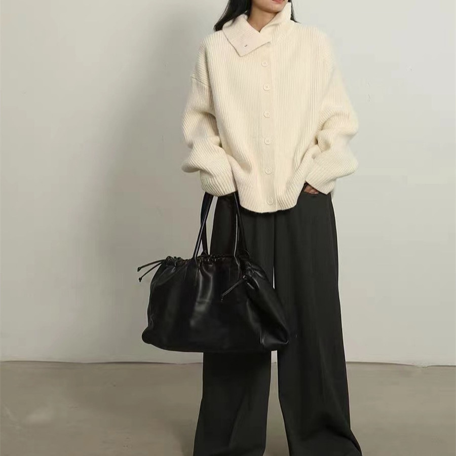 Übergroßer Strickcardigan – Pullover mit Button-Down-Kragen und offener Vorderseite (Schwarz/Grau/Beige, Einheitsgröße)_voghion.com