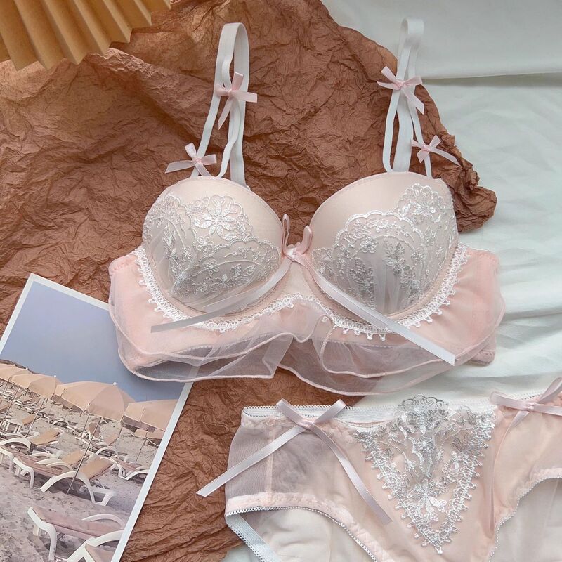 Japanese Style Pure Desire Cute Underwear Panties suit Women's Small Chest Push-up Non-rimless Comfortable Lace Bra suit