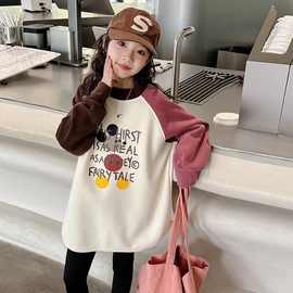 儿童打底衫秋冬中长款卫衣女孩拼色宽松长袖大童外穿中大童上衣潮