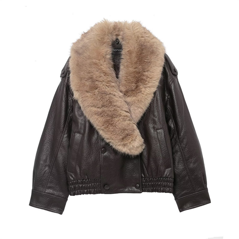 Foreign Trade Cross-Border 2025 Za Series European and American Style Fur Collar Imitation Leather Jacket Leather Jacket 4341853