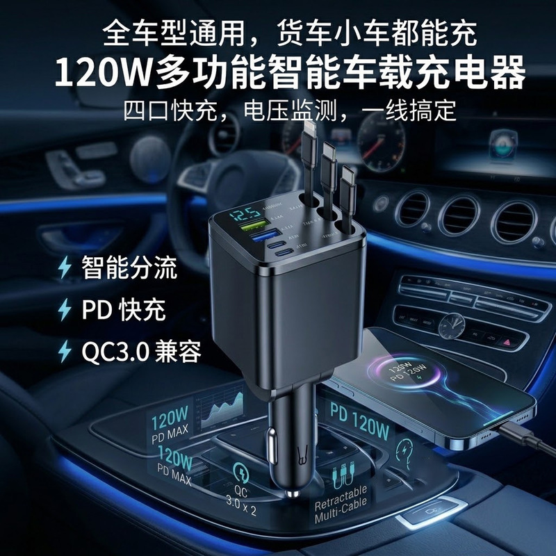 Car Charger Three-In-One Retractable Cable Fast Charging Multi-Functional Car Cigarette Lighter Charger 12V-24V Universal Car Charger Three-In-One Retractable Cable Fast Charging Multi-Functional Car Cigarette Lighter Charger 12V-24V Universal