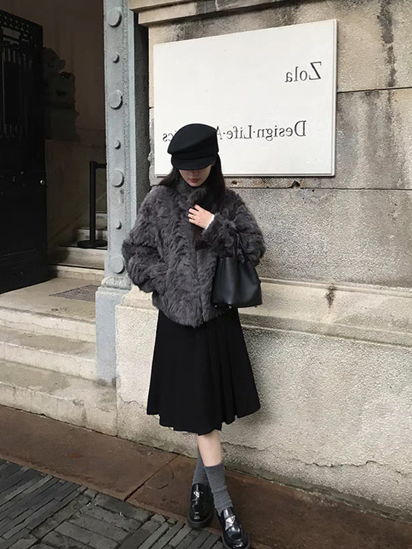 法式复古加厚斜纹西装百褶中裙女春秋冬季高腰显瘦黑色a字半身裙|undefined