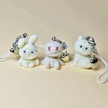 跨境立体树脂植绒可爱万圣节木乃伊兔子猫爱心手机链DIY钥匙扣