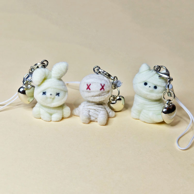 跨境立体树脂植绒可爱万圣节木乃伊兔子猫爱心手机链DIY钥匙扣
