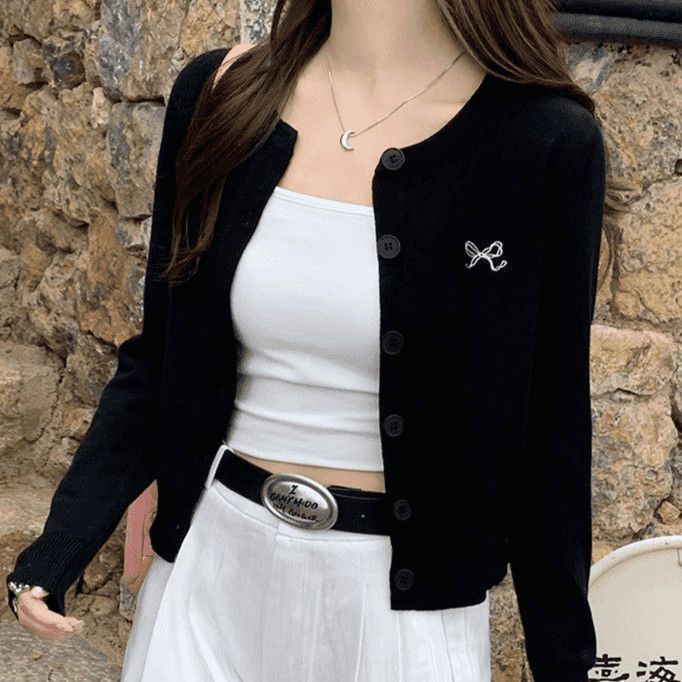 黄色针织开衫女蝴蝶结刺绣长袖短款外套休闲初春穿搭薄款百搭上衣|undefined