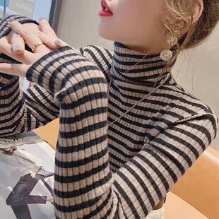 Turtleneck bottoming shirt for women, autumn and winter 2024 new style, versatile inner wear, long-sleeved striped t-shirt, slim knitted top