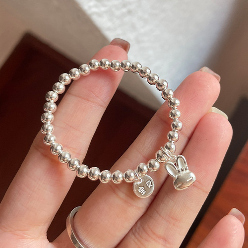 Children's silver bracelet Korean S925 cute round bead bunny bell DIY matching engraved anti-loss bracelet accessory