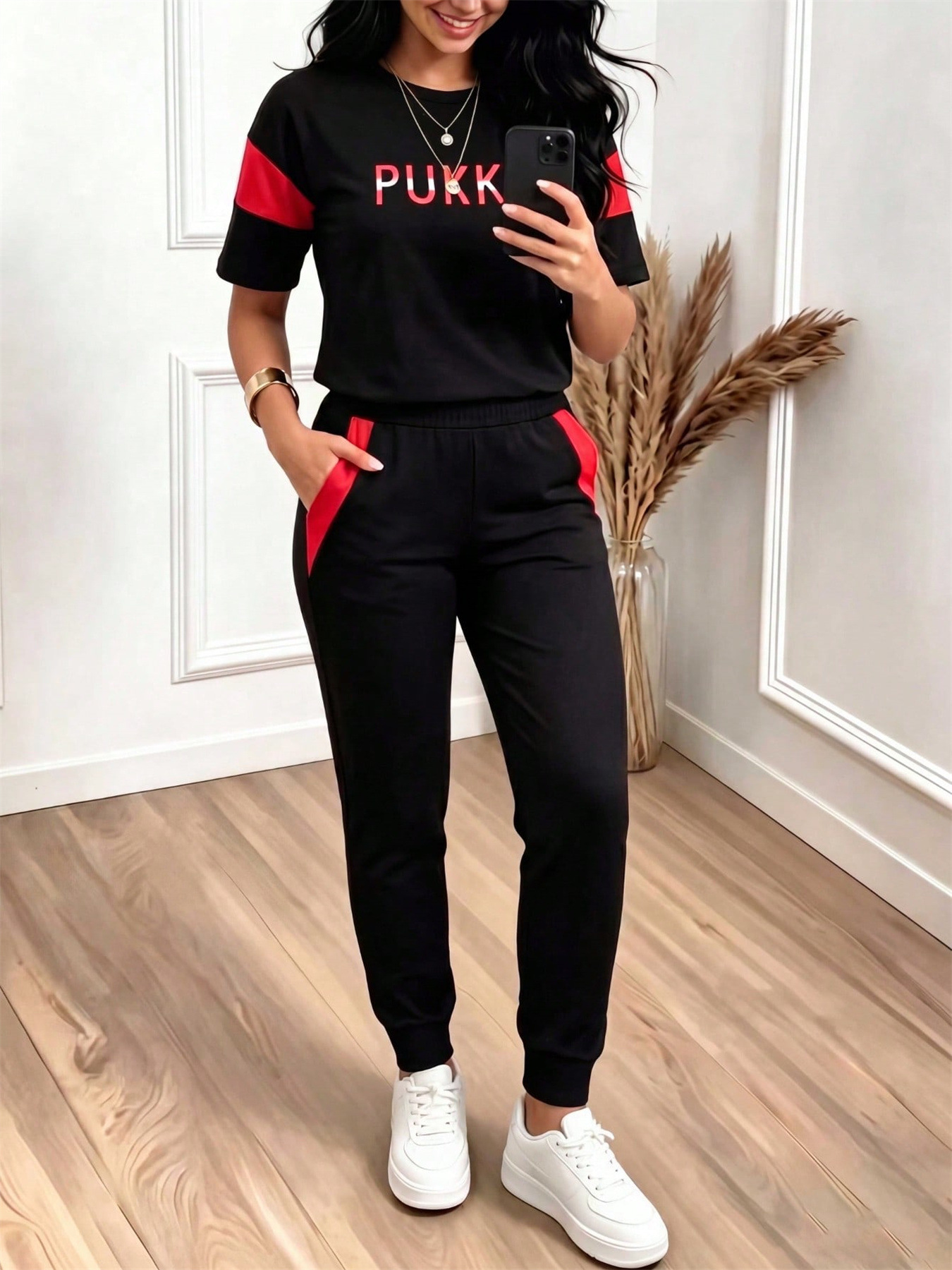 Women's Sporty Color Block Letter Print Top with High Waisted Trousers Casual Set Spring/Summer Short Sleeved Pant Outfit_ecoleips.com