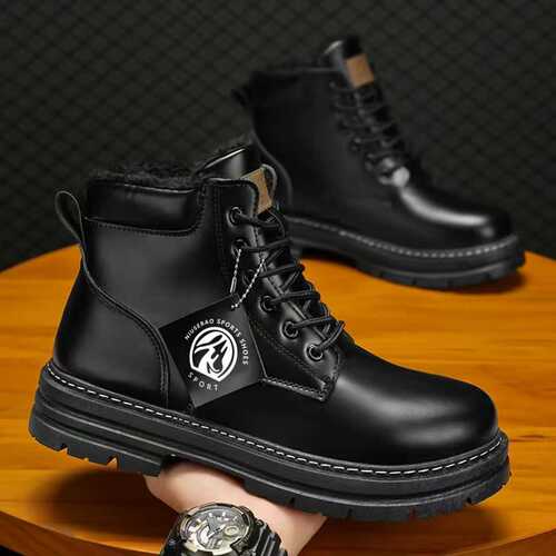 Men's Martin Boots Autumn New Fleece Lined Thick Outdoor Work Boots British Style Retro Yellow Leather Boots for Men