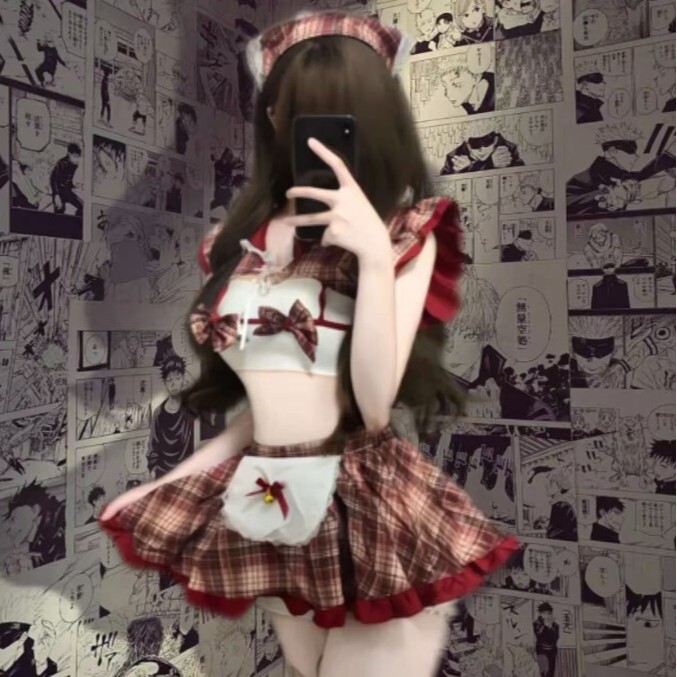 Sexy Plaid Jk Sweet Christmas Bellyband Polka Dot Camisole Top Lace Two-Piece Pajama Set