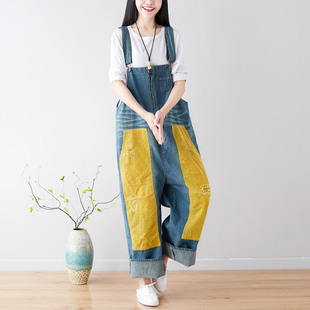 2025 New Contrast Color Patch Jeans Distressed Corduroy Women's Large Size Wide Leg Overalls Wandering Notes