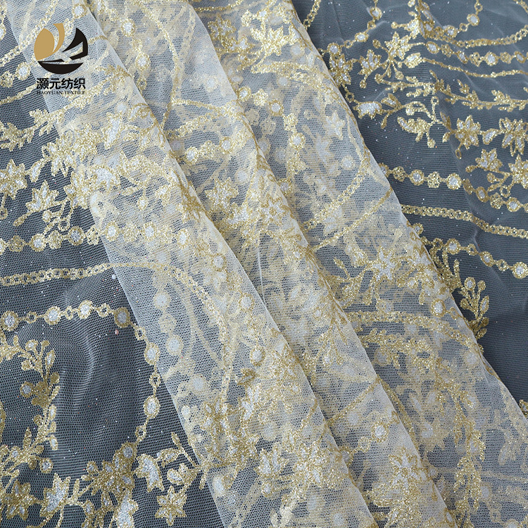 Fabricante directo vestido de boda impresión de oro tela de cadena de poliéster malla buena solidez vestido de noche tela de moda