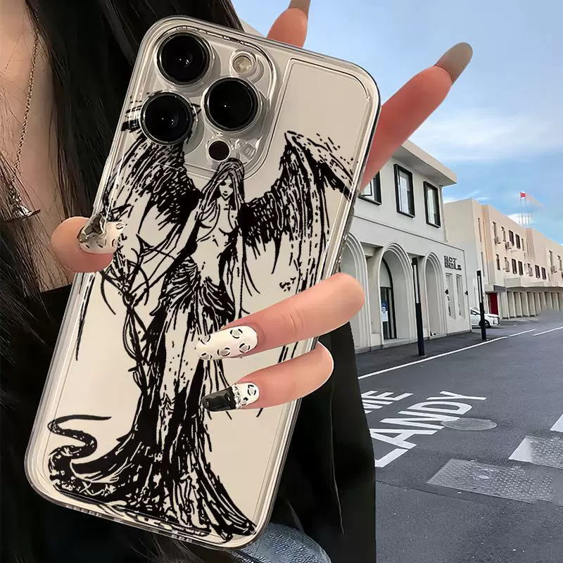 黑线条天使iPhone17/16Promax手机壳14/13/12/11透明全包xs/xr软8