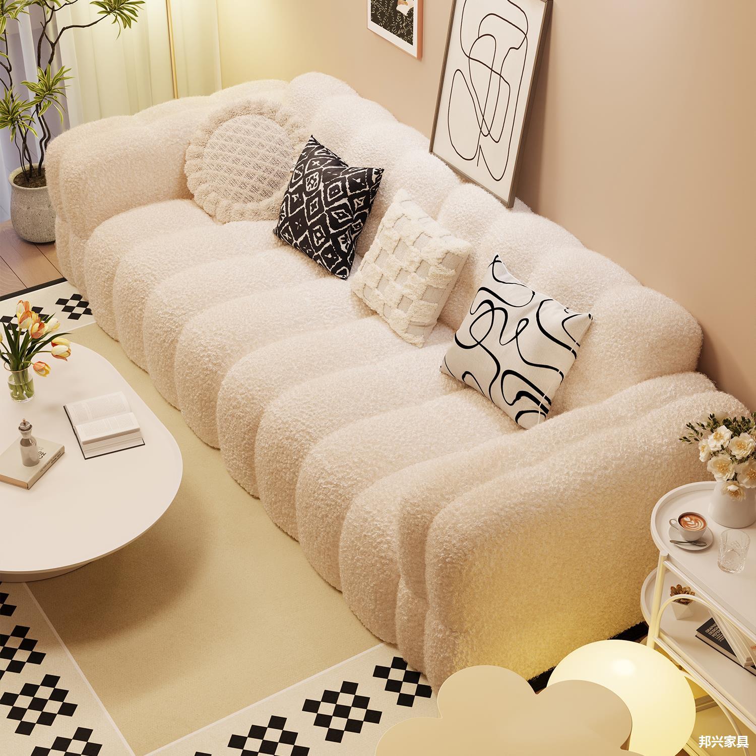 Cream-Style Fabric Sofa for Living Room, Small Apartment, Double or Three-Seater, Rental Room, Bedroom, Lazy Small Sofa, Straight Row, New Model