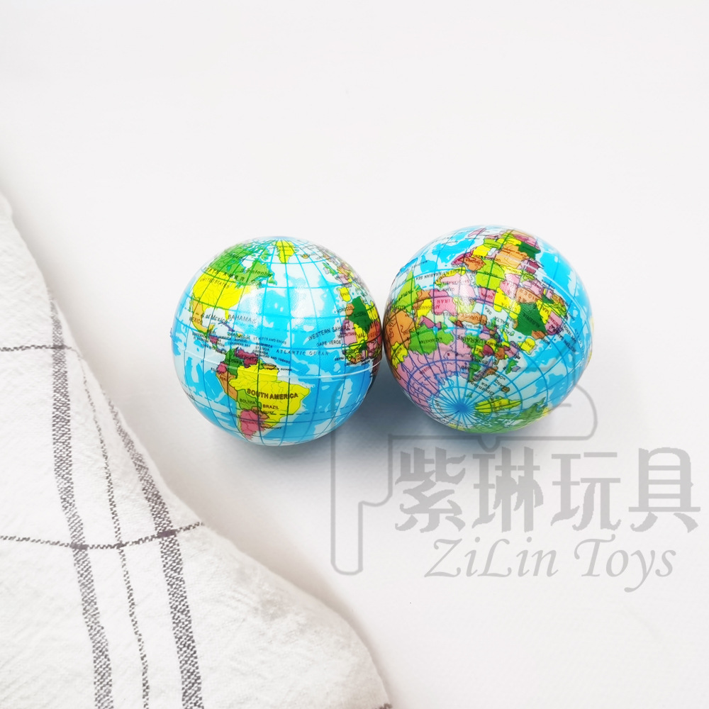 跨境厂家批发63mm地球仪pu球发泡解压减压海绵球握力练习玩具球