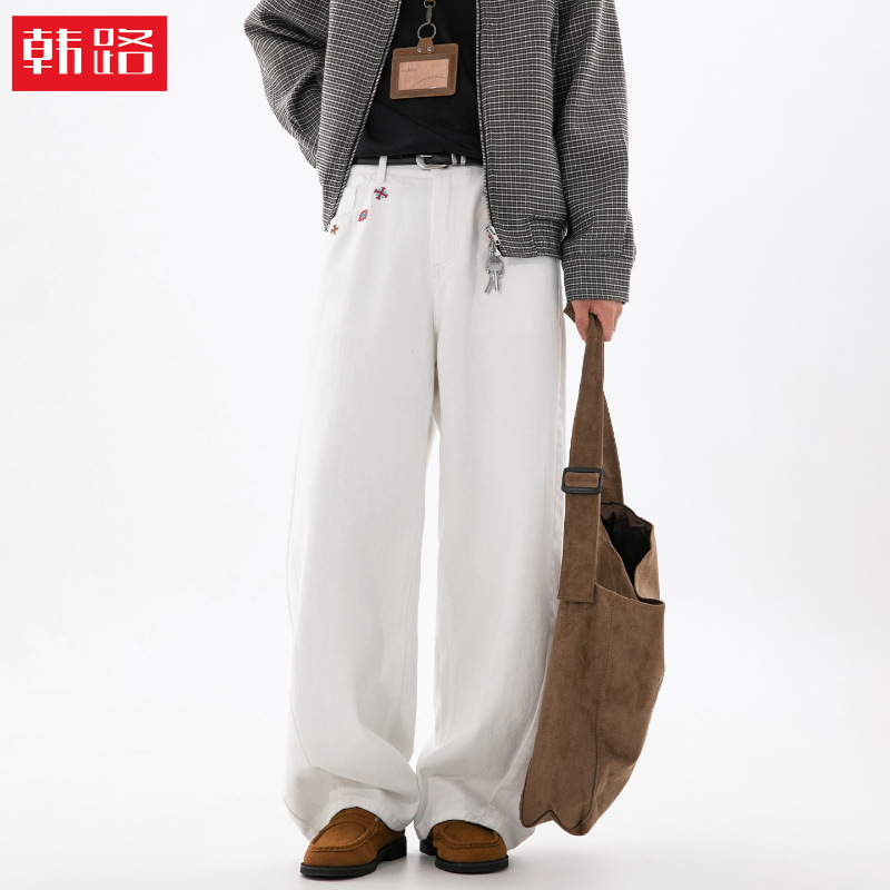 Hanlu | American retro men's jeans, autumn ethnic style embroidered long pants, structurally divided textured straight pants