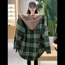 2025秋冬季加绒加厚格子衬衫韩版宽松中长款休闲百搭连帽外套上衣
