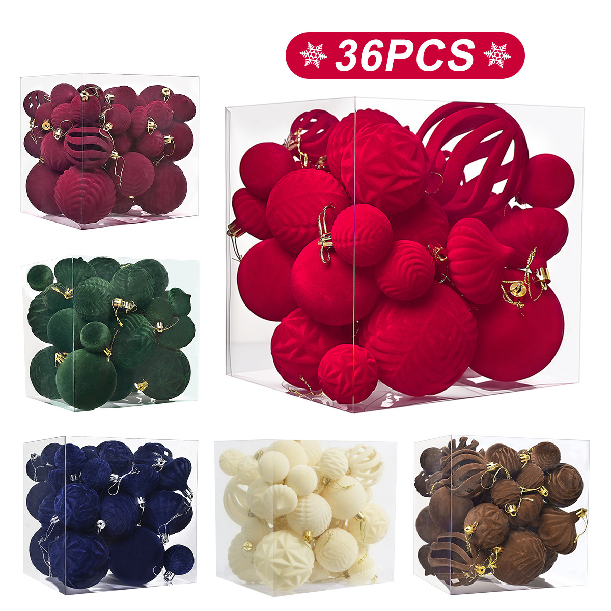 Transfronterizos para 36 bolas de navidad de floquete de forma especial, bolas de tela pintadas rojas, colgantes decorativos para árboles de navidad