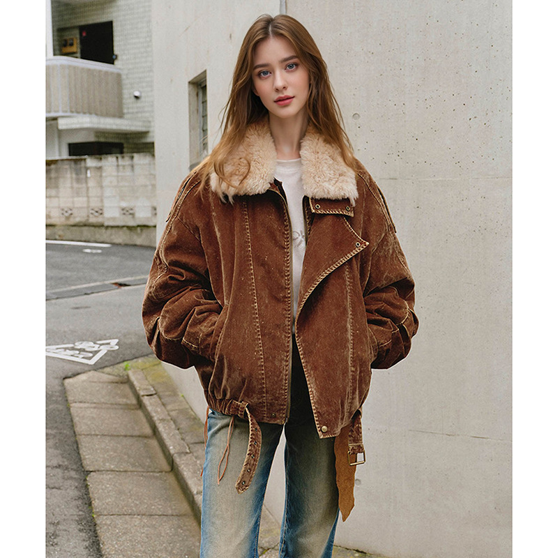 "City Travel" Flocked Denim down Jacket American Retro Coat Merino Sheepskin Fur Collar Parka