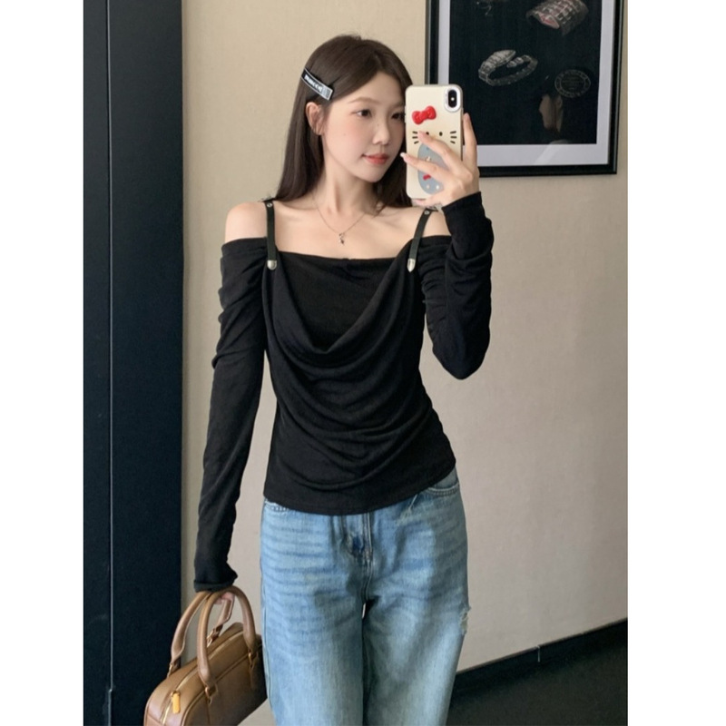 2025 New Plus Size Sexy Off-Shoulder Suspender Long-Sleeved T-Shirt for Women in Autum Slimming Look Top with Bottoming Shirt