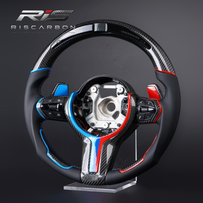 Carbon fiber red and blue dual-tone flat-bottom steering wheel with LED lights, compatible with BMW F30F10F11F15F16F20F18