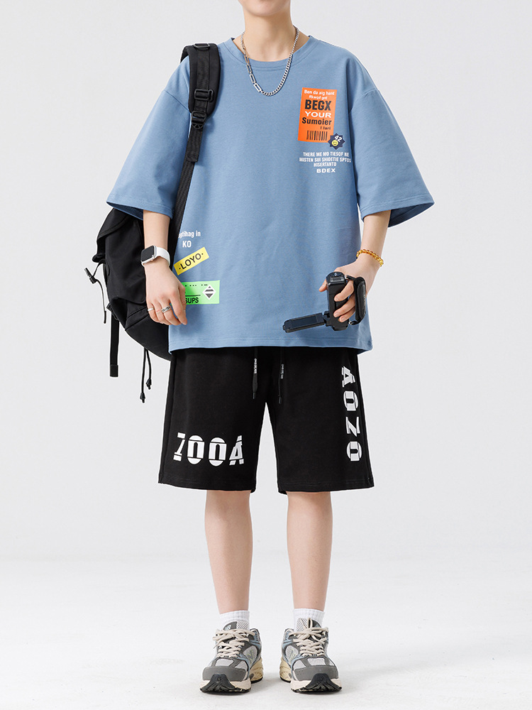 Conjunto de ropa para hombre, conjunto deportivo de verano para jóvenes, informal, de manga corta, pantalones cortos deportivos, conjunto versátil de dos piezas para chicos