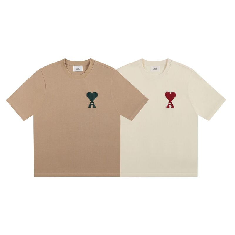 Trendy Brand Ami Spring/Summer Pure Cotton Short-Sleeve T-Shirt Unisex Heart Embroidery Loose Casual Round-Neck Top